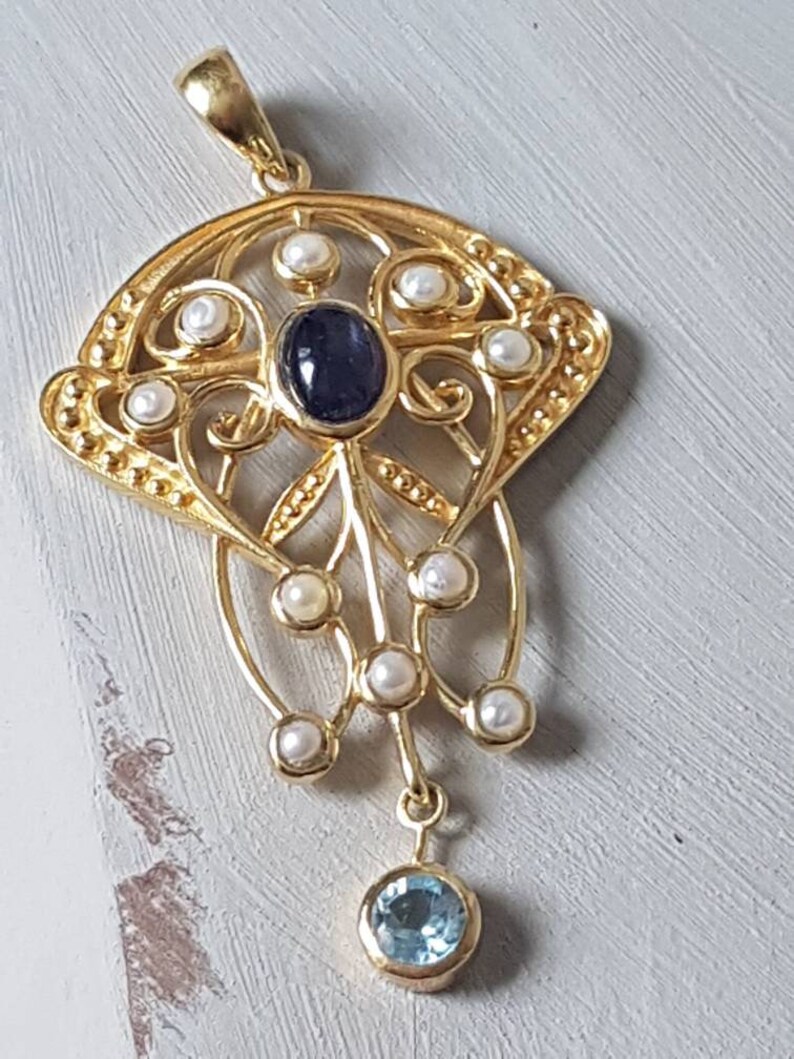 Gift for Her 9ct Gold on Solid 925 Silver Filigree Design Purple Gemstone Pendant Natural Blue Topaz and Seed Pearls Art Deco Inspired