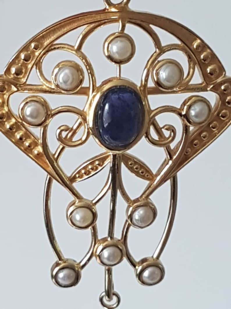 Gift for Her 9ct Gold on Solid 925 Silver Filigree Design Purple Gemstone Pendant Natural Blue Topaz and Seed Pearls Art Deco Inspired
