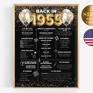 Back in 1955 PRINTABLE 70th Birthday Sign, 1955 Birthday Trivia Print, Fun Facts Poster, Table Centerpiece, Birthday Table Decor