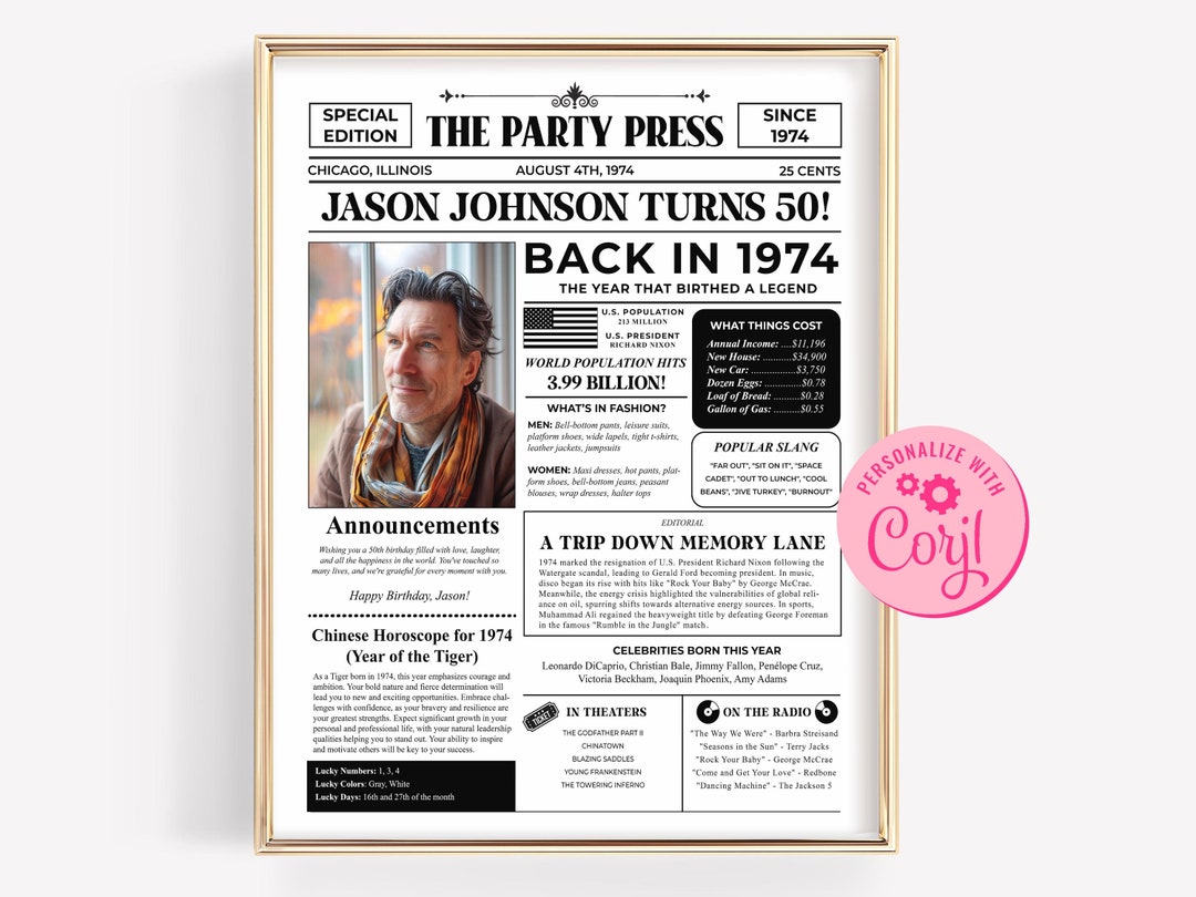 50th Birthday Newspaper Poster, Personalized Back in 1974 Printable ...