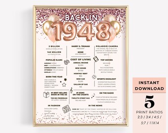 Cartel de cumpleaños número 75 y favores de fiesta, en 1948 decoraciones de fiesta rosa oro rosa, regalo del 75 aniversario, descarga instantánea imprimible