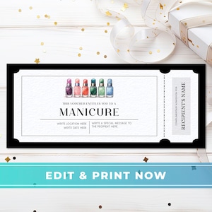 Szablon bonu upominkowego na manicure, edytowalna karta podarunkowa do salonu paznokci, bon upominkowy na rocznicę, kupon urodzinowy niespodzianka, prezent na dzień piękna