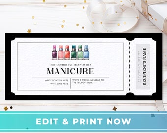 May include: A black and white gift certificate for a manicure. The certificate features a row of six colorful nail polish bottles and the text "This voucher entitles you to a manicure".