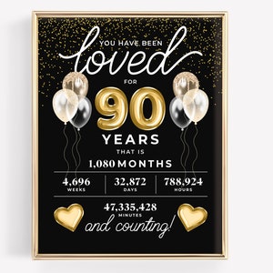 Je bent al 90 jaar geliefd, afdrukbare verjaardags- of jubileumposter, zwarte en gouden feestdecoraties, sentimenteel 90e mijlpaalcadeau