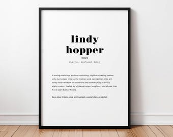 Lindy Hopper Definition Print, Swing Dance Wall Art, Jazz Dancer Gift, Vintage Dance Decor, 1930s Printable Poster