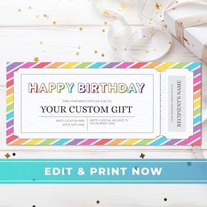 Happy Birthday Gift Voucher, Editable Birthday Coupon Template, Colorful Gift Certificate DIY Gift, Surprise Ticket, Instant Download