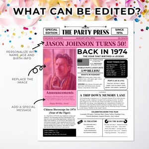50th Birthday Newspaper Poster, Personalized Back in 1974 Printable ...