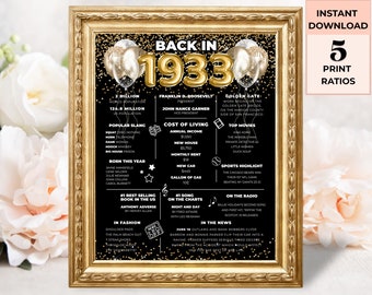 1933 The Year You Were Born 90th Birthday Party Decoration, Born in 1933 Poster, 90th Table Centerpiece, Life in 1933 Fun Facts Trivia Print