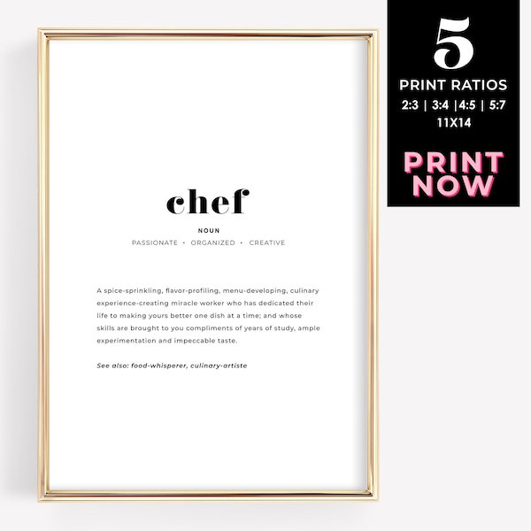 Chef Definition Print Wall Art, Restaurant Chef Poster, Gifts for Foodies, Kitchen Wall Decor, Culinary Print, Instant Download