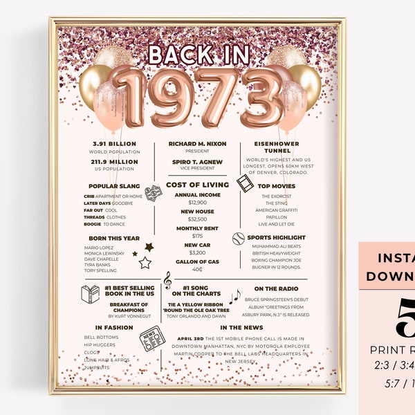 Pink 50th Birthday Decorations, Back in 1973 Anniversary Poster, Flashback 1973 Trivia, Rose Gold Party Facts Decor, 50 Years Ago Printable