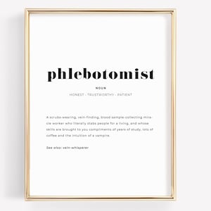 Kunst aan de muur flebotomie, flebotomist definitie cadeau, poster aderlaten, technische afstuderen, aderfluisteraar, decor kliniek, instant download