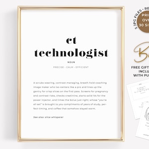 Puede incluir: Una impresión enmarcada con un borde dorado presenta las palabras "CT Technologist" en negrita negra. La definición incluye las palabras "preciso, tranquilo, eficiente" y una descripción detallada de la profesión. Incluye inserciones de regalo adicionales.