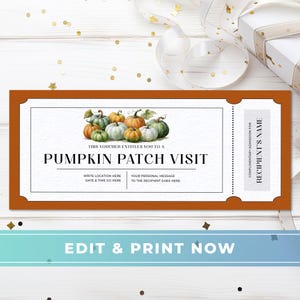 May include: A rectangular orange and white ticket voucher featuring a watercolour illustration of various pumpkins. The text reads: This voucher entitles you to a pumpkin patch visit, recipient's name, write location here, date & time go here, and your personal message to the recipient goes here.