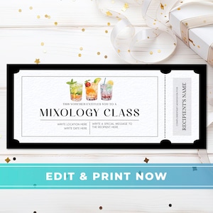 May include: A black and white printable gift certificate for a mixology class. The voucher features a watercolor illustration of three cocktails. The text reads "This voucher entitles you to a Mixology Class".
