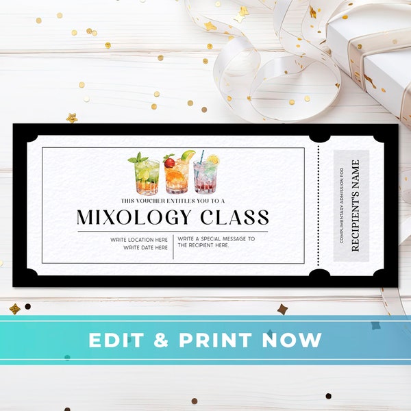 Mixology Class Voucher, Editable Mixology Course Coupon Template, Anniversary Gift Certificate, Surprise DIY Birthday Gift, Instant Download