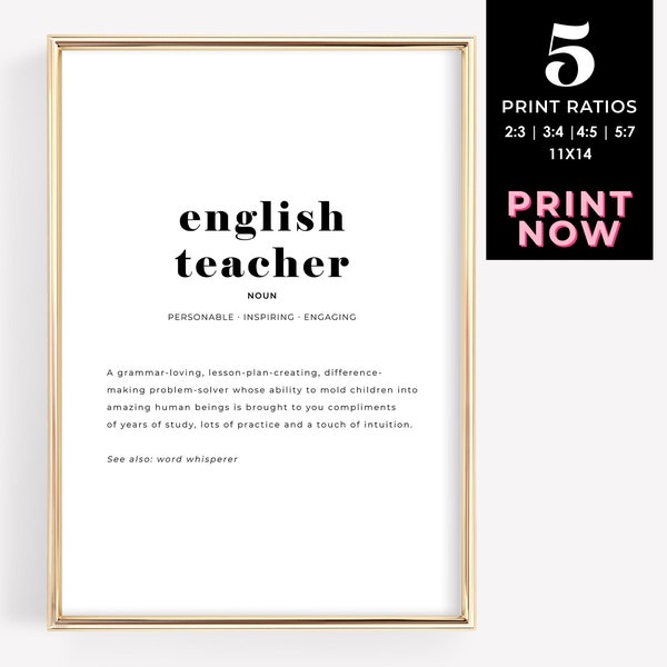 English Teacher Definition Poster Gift for Classroom Decor, Language Arts Appreciation Gift, High School Teacher Wall Art Digital Print