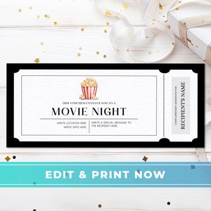 Vale de regalo para noche de cine, plantilla de cupón de película editable, certificado de regalo de aniversario, tarjeta de regalo de cumpleaños sorpresa, descarga nocturna de fecha de bricolaje