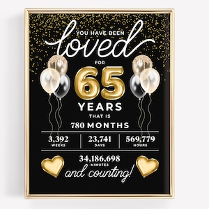 Je bent al 65 jaar geliefd, afdrukbare verjaardags- of jubileumposter, zwarte en gouden feestdecoraties, sentimenteel 65e mijlpaalcadeau
