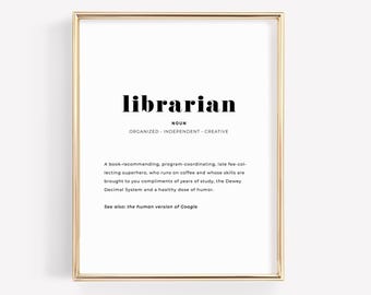 Definizione di bibliotecario, stampa, decorazione da parete per biblioteca scolastica, regalo stampabile per bibliotecario scolastico, arte murale libresca, download immediato