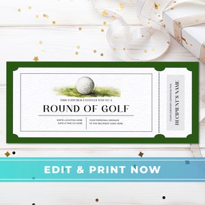 Vale de regalo de golf editable, regalo de experiencia temática de golf para él, certificado de regalo de cumpleaños o aniversario