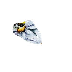 May include: Watercolor painting of a bee on a daisy. The bee is black and yellow, and the daisy has white petals and a yellow center. The artwork is set against a white background.