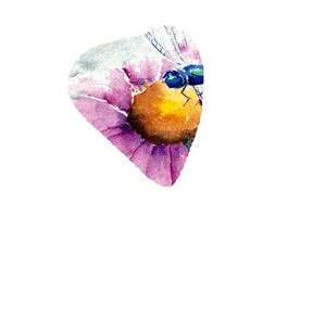 May include: A watercolor painting of a purple flower with a yellow center. A blue dragonfly is perched on the flower.