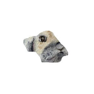 May include: A watercolor painting of a dog's head. The dog has brown and white fur and is looking to the right. The dog's eyes are brown and its nose is black.