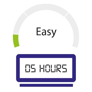May include: A green progress bar is almost full, indicating an easy task. The text "Easy" is displayed above the bar. A digital timer shows "05 HOURS" below the bar.