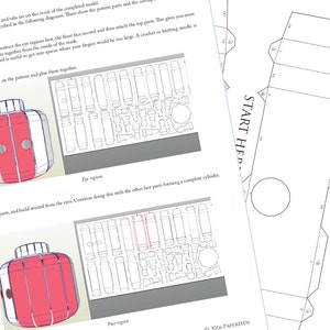 May include: Instructions for assembling a paper model of a robot. The instructions include a diagram of the robot, a list of parts, and a build sequence. The text includes the phrase "Start Here".