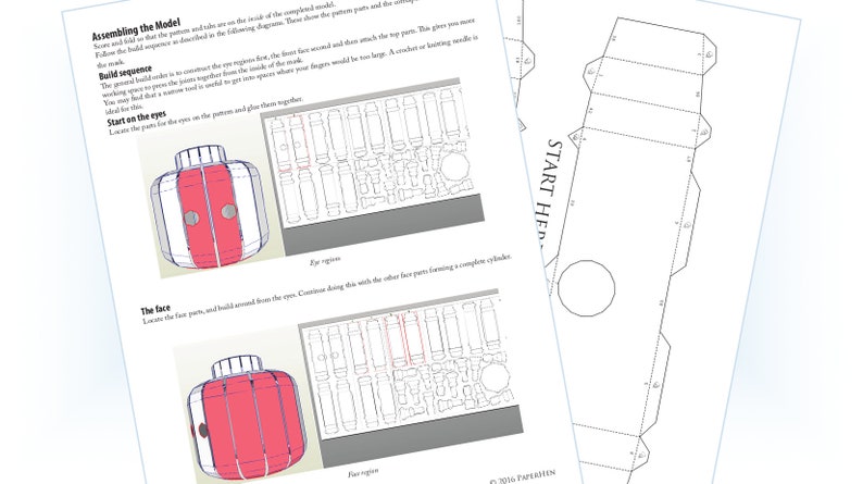May include: Instructions for assembling a paper model of a robot. The instructions include a diagram of the robot, a list of parts, and a build sequence. The text includes the phrase "Start Here".