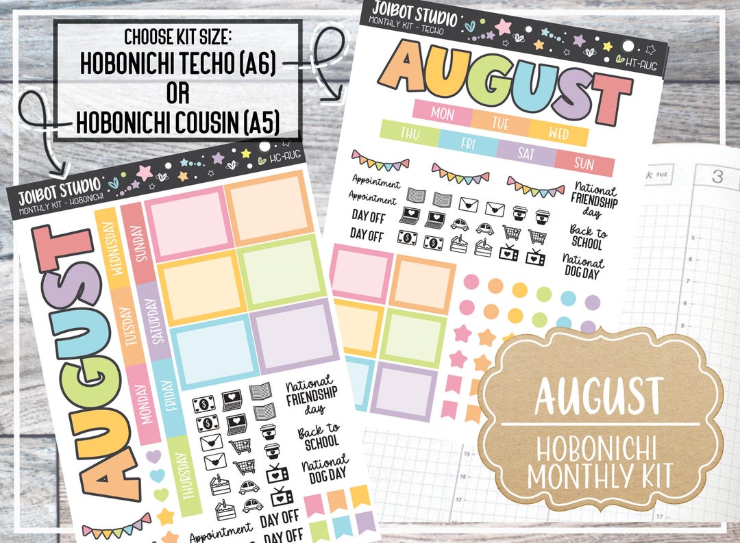 AUGUST Hobonichi Cousin or Techo Monthly Sticker Kit - Kawaii Planner ...