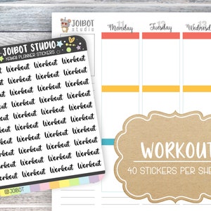 May include: A sheet of planner stickers with the word "Workout" in a handwritten font. The sheet includes 40 stickers. The image also shows a planner page with the days of the week and a decorative label that says "Workout".