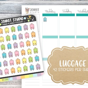 May include: A sheet of colorful luggage stickers with the text "JOIBOT STUDIO KAWAI PLANNER STICKERS". The stickers are in various pastel colors and are designed for use in a planner. The image also shows a planner page with a luggage sticker.