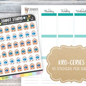 May include: A sheet of kawaii planner stickers from Joibot Studio. The stickers feature a shopping bag design with the letter "K" inside a blue circle. The sheet also includes the text "KRO-CERIES" and "42 stickers per sheet".