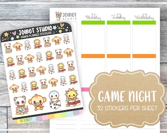 May include: A sheet of Kawaii planner stickers from Joibot Studio. The stickers feature cute cartoon animals, dice, and books. The words "Game Night" and "32 stickers per sheet" are also visible.