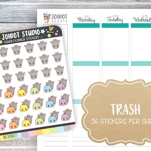 May include: A sheet of kawaii planner stickers from Joibot Studio. The stickers feature a trash can design in various colors. The sheet also includes the text "TRASH" and "36 stickers per sheet".