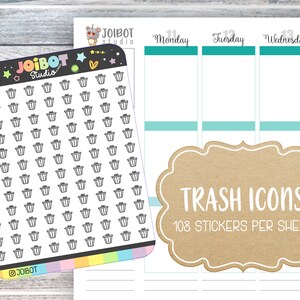 May include: A sheet of planner stickers featuring small black trash can icons. The sheet is labeled "JOIBOT Studio" and includes a rainbow border. A separate sheet displays the text "TRASH ICONS 108 STICKERS PER SHEET".