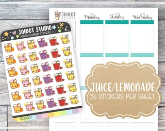 May include: A sheet of kawaii planner stickers from Joibot Studio featuring juice and lemonade designs. The stickers include various colorful juice and lemonade cups with straws. The sheet contains 36 stickers. The image also shows a planner page.