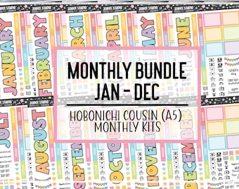 May include: A collection of colorful planner stickers for the Hobonichi Cousin (A5) with the text "Monthly Bundle Jan-Dec". The stickers feature the months of the year in large, bold letters, along with various icons and boxes for scheduling.