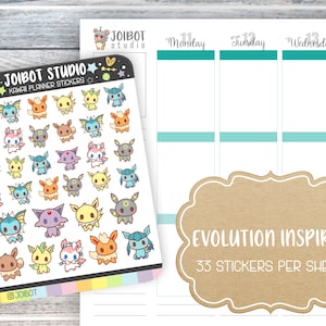 May include: A sheet of colorful planner stickers featuring various cartoon creatures. The stickers are labeled "JOIBOT STUDIO KAWAI PLANNER STICKERS" and "EVOLUTION INSPIRED 33 STICKERS PER SHEET". The stickers are on a white background with a weekly planner.