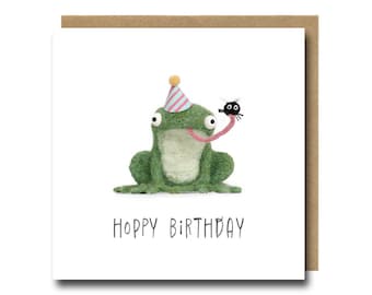Carte d'anniversaire grenouille, carte d'art personnage humoristique, carte de voeux animaux photographique en feutre aiguilleté, cartes de voeux Royaume-Uni, mignon, original, drôle, mouche