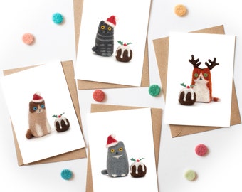 Set Of Funny Cats Christmas Cards, Humorous Cat Card Pack, Needle Felt Art, Cute Animal Card UK, Holiday Cards Pack, Festive Cat Card Bundle