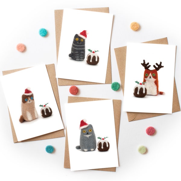 Set Of Funny Cats Christmas Cards, Humorous Cat Card Pack, Needle Felt Art, Cute Animal Card UK, Holiday Cards Pack, Festive Cat Card Bundle