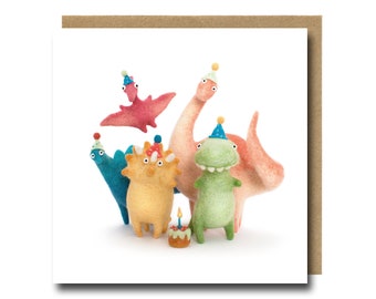 Cartão de Aniversário de Dinossauro: Festa Divertida com Tema de Dinossauros, Feito à Mão, Feltro Agulhado