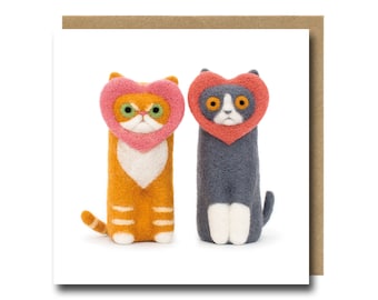 Funny Cat Anniversary Card: Needle Felted Wool Love Cats Illustration, Wedding and Valentines