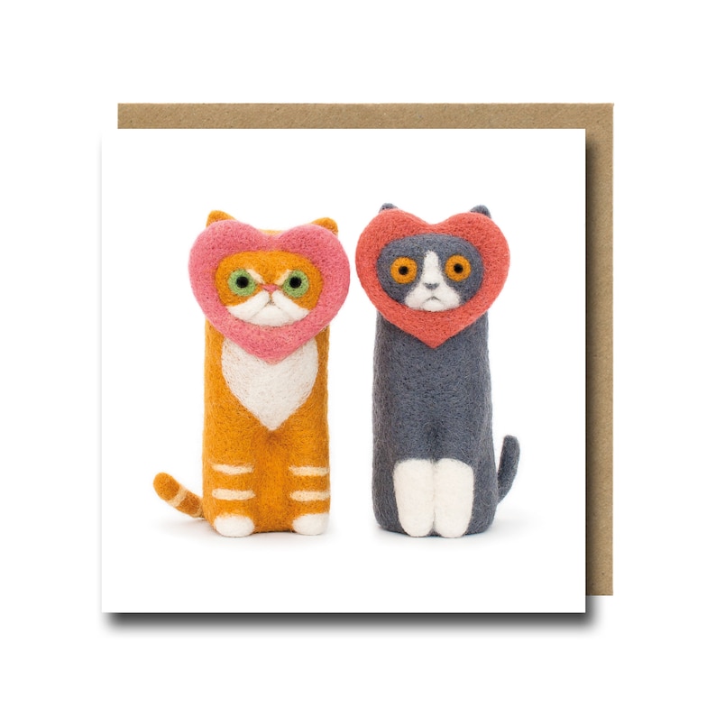 Love Cats Card - Pair of funny cats with hearts around their faces. Perfect for Valentine's Day, Engagement, Wedding, Anniversary, Friendship or Cat Lovers! A printed design of needle felted cats by fibre artist Lindsey Thomas