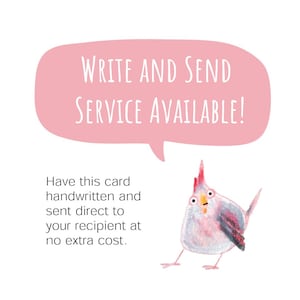 Pode incluir: Um cart&atilde;o com um bal&atilde;o rosa que diz "ESCREVA E ENVIE SERVI&Ccedil;O DISPON&Iacute;VEL!". &Agrave; direita, uma ilustra&ccedil;&atilde;o em aquarela de um p&aacute;ssaro. O cart&atilde;o oferece um servi&ccedil;o escrito &agrave; m&atilde;o.