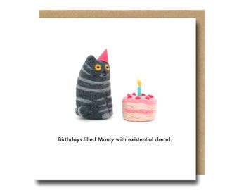 Cat Birthday Card: Funny Greeting, Personalisation Available, Human Made, Needle Felt Illustrated