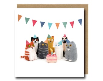 Cat Birthday Card, Funny Greeting Cards, Needle Felted Party Cats Illustration, Cute Animal Art Card For Him/Her/Boyfriend/Girlfriend/Kids