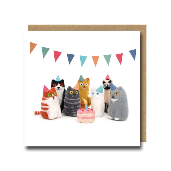 Funny Cat Birthday Card: Needle Felted Party Cats, Human Made, Handmade Illustration
